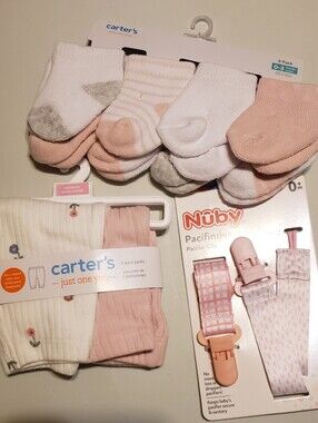 Carter's Baby Socks, Pants & Nuby Pacifier Clip - White, Pink, Gray